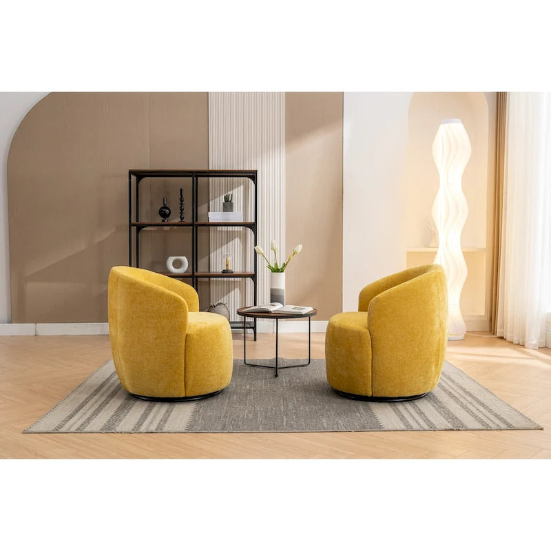 Chenille Fabric Swivel Accent Armchair Barrel Chair With Black Powder Coating Metal Ring