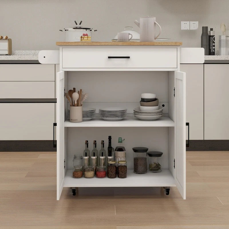 White Portable Rolling Kitchen Island Cart with Drawers and Towel Rack