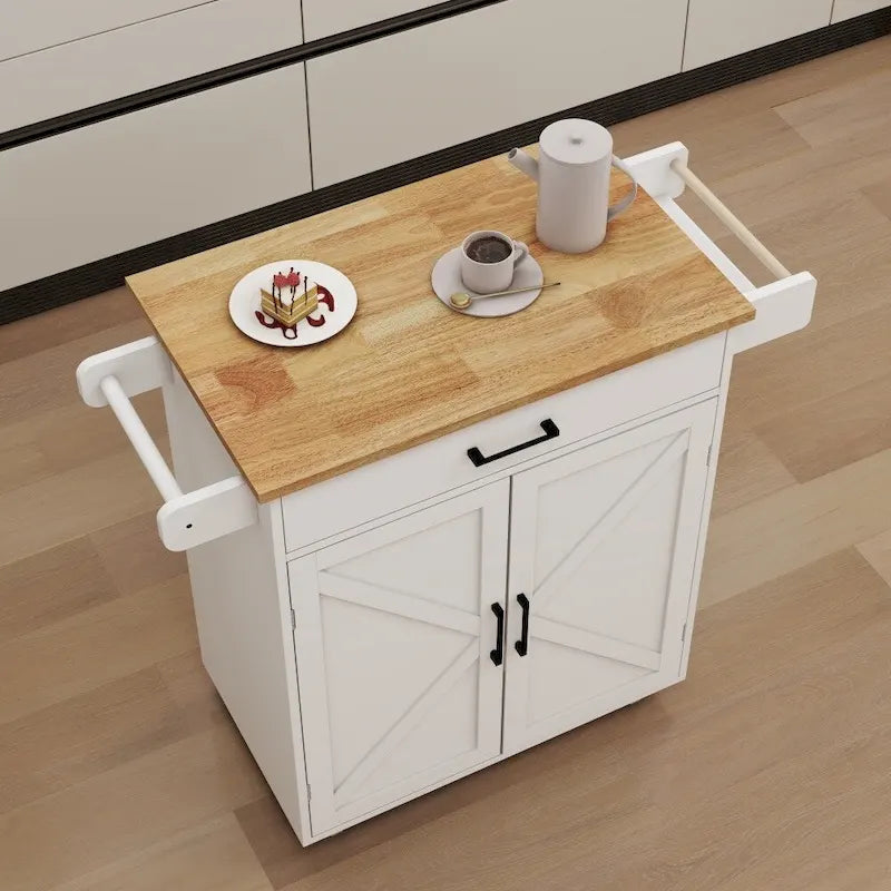 White Portable Rolling Kitchen Island Cart with Drawers and Towel Rack