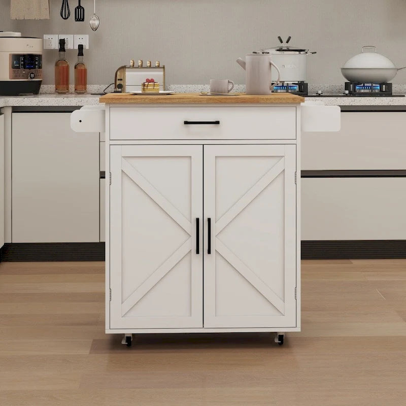 White Portable Rolling Kitchen Island Cart with Drawers and Towel Rack