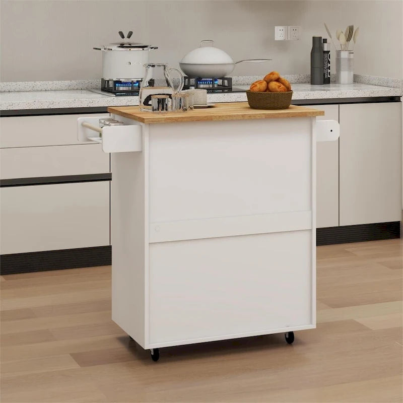 White Portable Rolling Kitchen Island Cart with Drawers and Towel Rack
