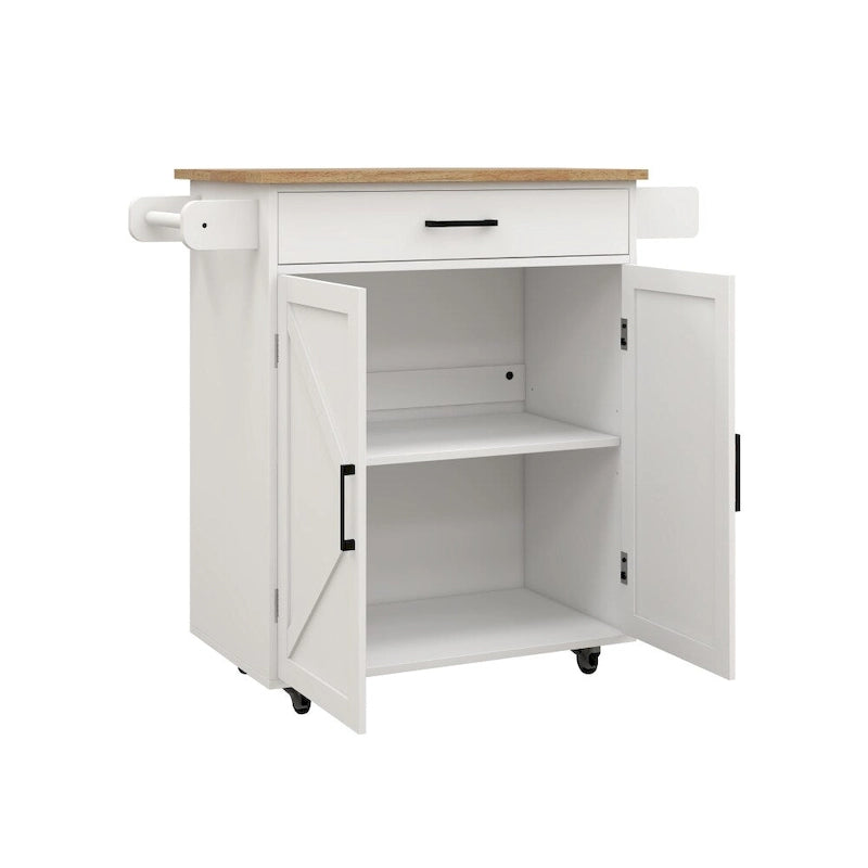 White Portable Rolling Kitchen Island Cart with Drawers and Towel Rack