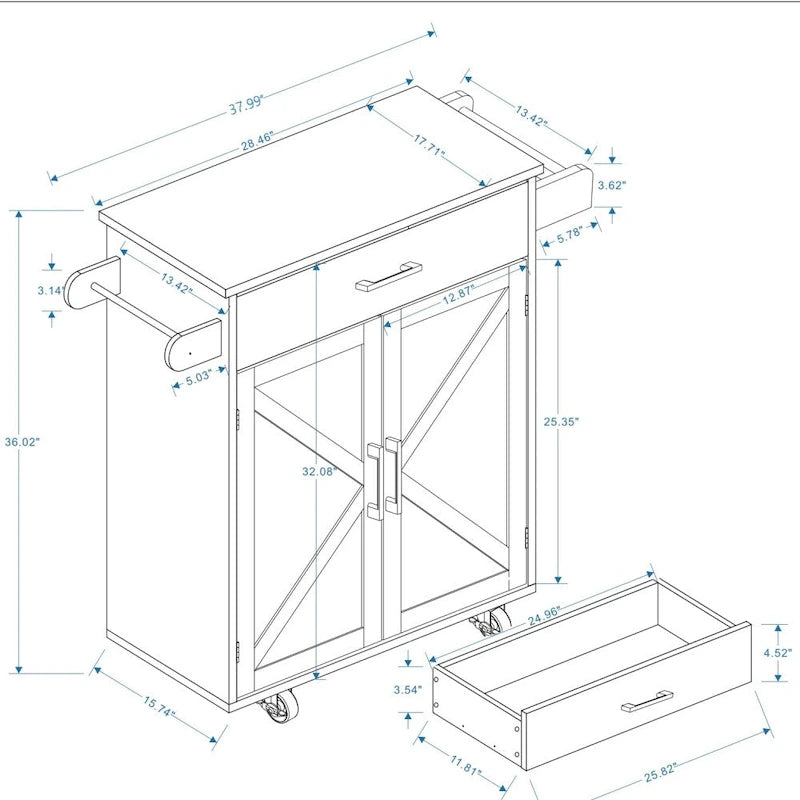 White Portable Rolling Kitchen Island Cart with Drawers and Towel Rack