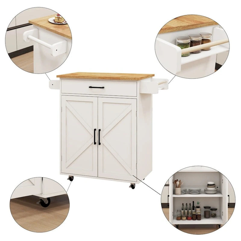 White Portable Rolling Kitchen Island Cart with Drawers and Towel Rack