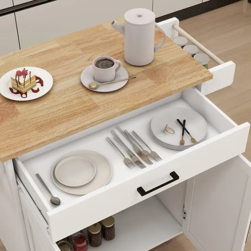 White Portable Rolling Kitchen Island Cart with Drawers and Towel Rack