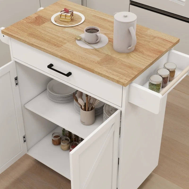 White Portable Rolling Kitchen Island Cart with Drawers and Towel Rack