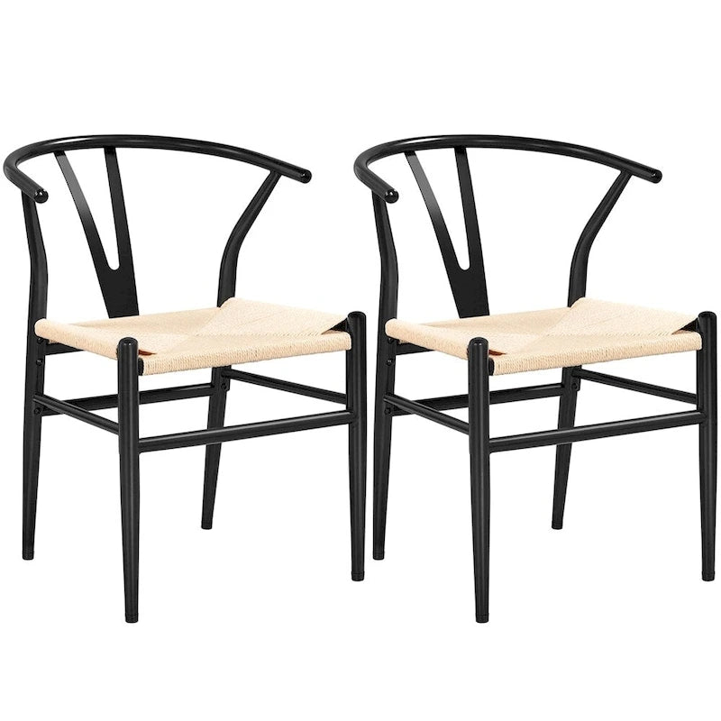 Modern Paper Twine Weave Y-Shaped Dining Chair with Iron Metal Frame