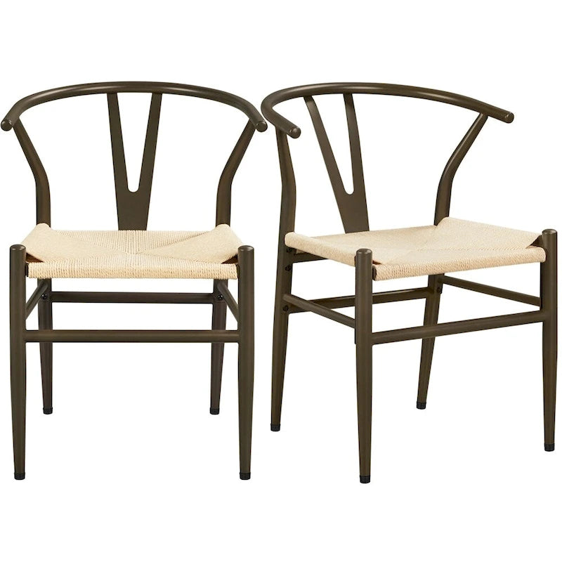 Modern Paper Twine Weave Y-Shaped Dining Chair with Iron Metal Frame