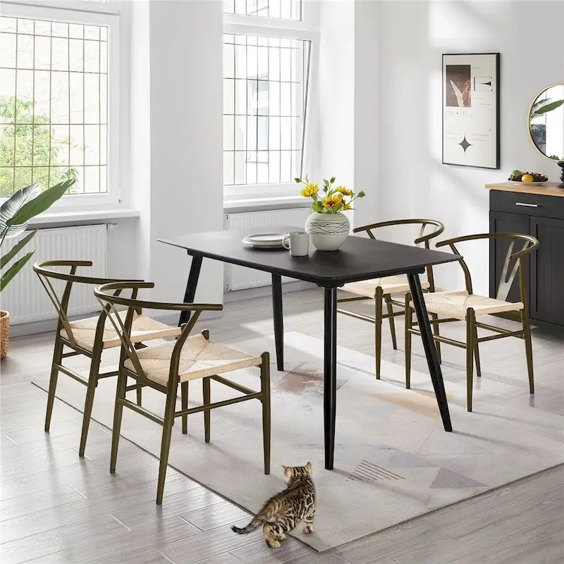 Modern Paper Twine Weave Y-Shaped Dining Chair with Iron Metal Frame