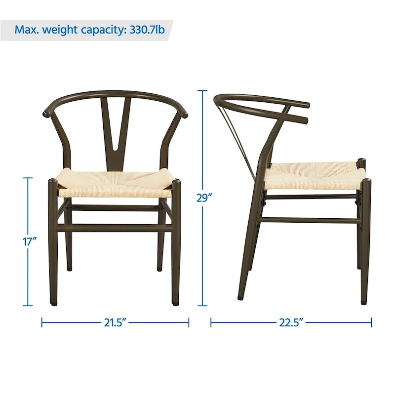 Modern Paper Twine Weave Y-Shaped Dining Chair with Iron Metal Frame