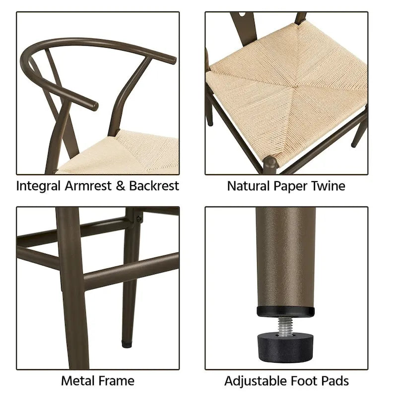 Modern Paper Twine Weave Y-Shaped Dining Chair with Iron Metal Frame