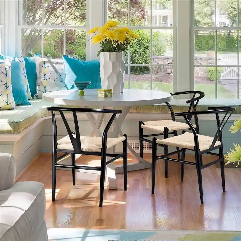 Modern Paper Twine Weave Y-Shaped Dining Chair with Iron Metal Frame