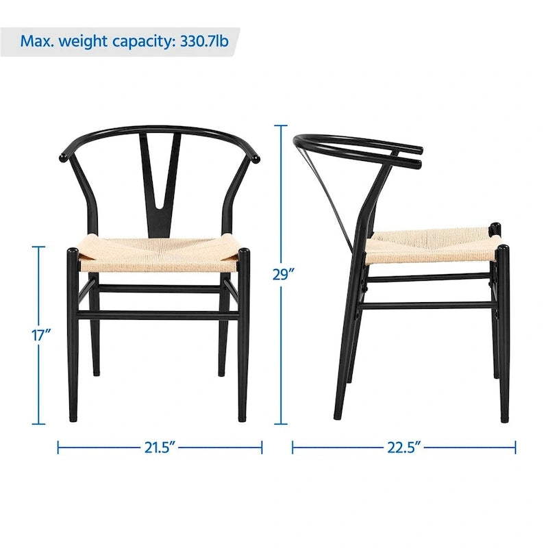 Modern Paper Twine Weave Y-Shaped Dining Chair with Iron Metal Frame