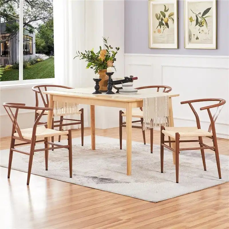 Modern Paper Twine Weave Y-Shaped Dining Chair with Iron Metal Frame