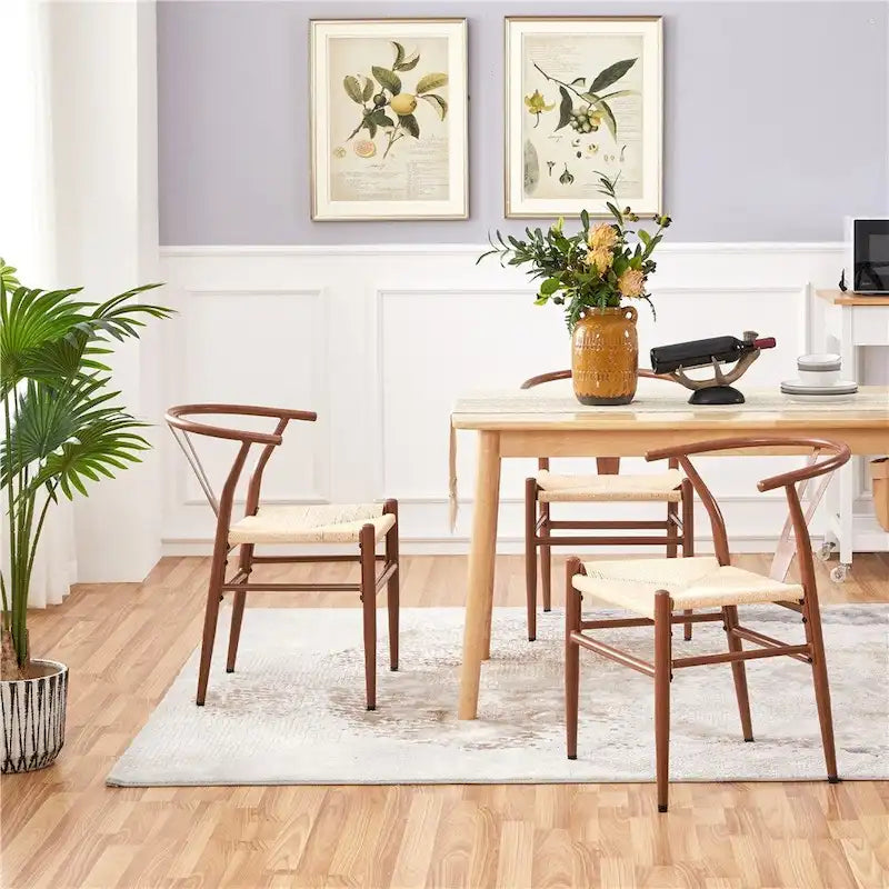Modern Paper Twine Weave Y-Shaped Dining Chair with Iron Metal Frame