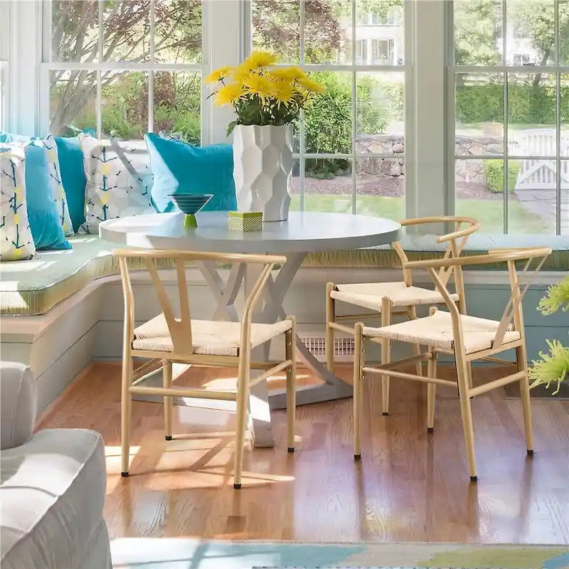 Modern Paper Twine Weave Y-Shaped Dining Chair with Iron Metal Frame