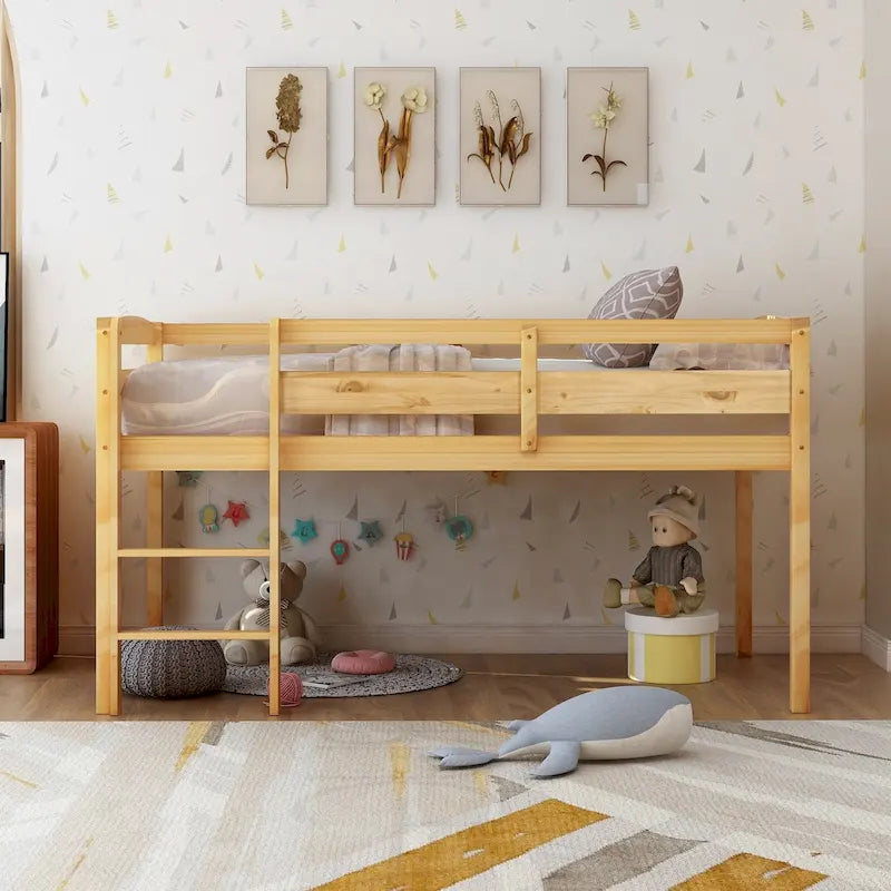 Twin Size Low Loft Bed with Ladder Solid Wood Frame and Guardrails