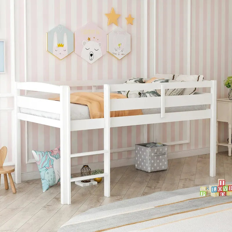Twin Size Low Loft Bed with Ladder Solid Wood Frame and Guardrails