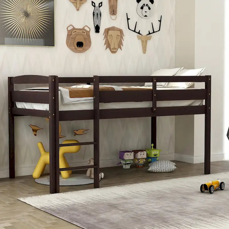 Twin Size Low Loft Bed with Ladder Solid Wood Frame and Guardrails