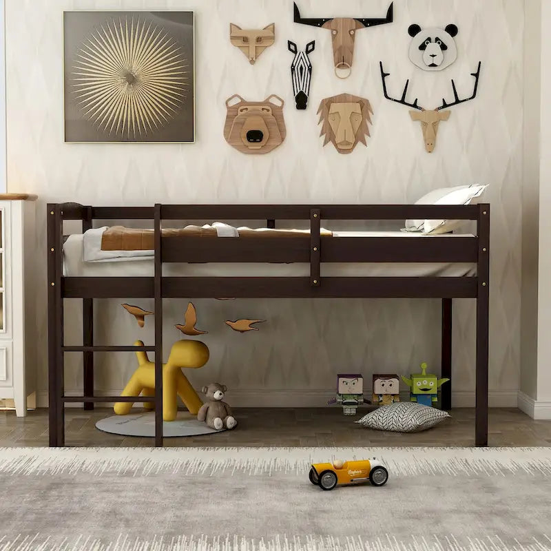 Twin Size Low Loft Bed with Ladder Solid Wood Frame and Guardrails