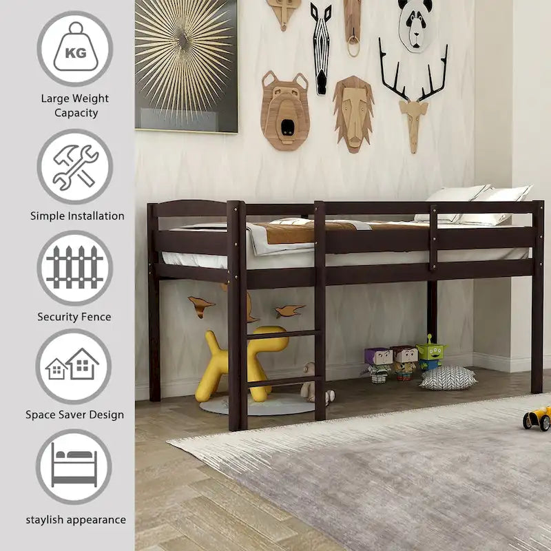 Twin Size Low Loft Bed with Ladder Solid Wood Frame and Guardrails