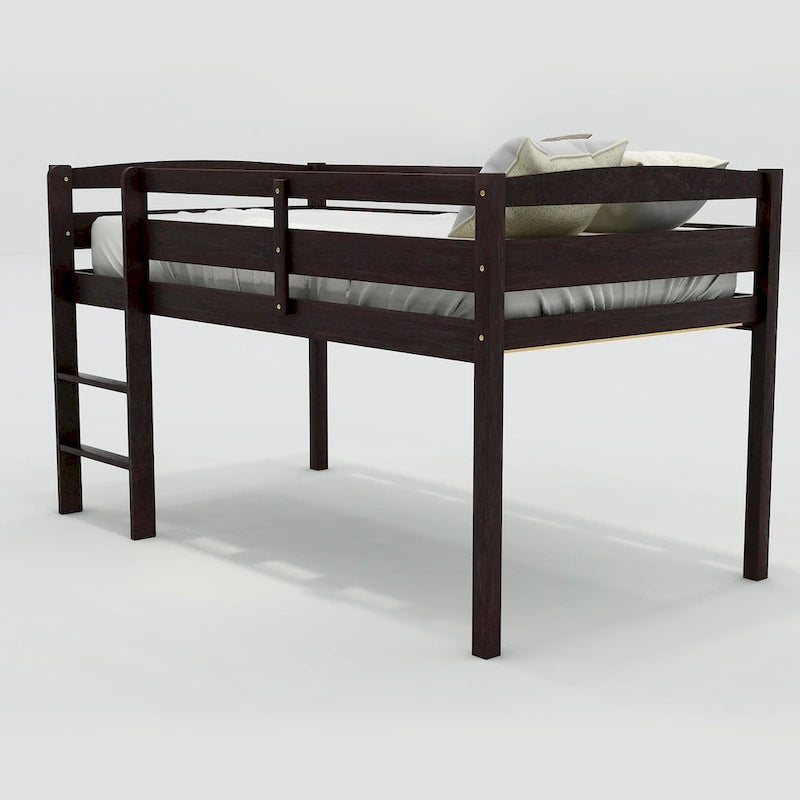 Twin Size Low Loft Bed with Ladder Solid Wood Frame and Guardrails