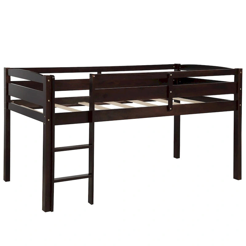 Twin Size Low Loft Bed with Ladder Solid Wood Frame and Guardrails