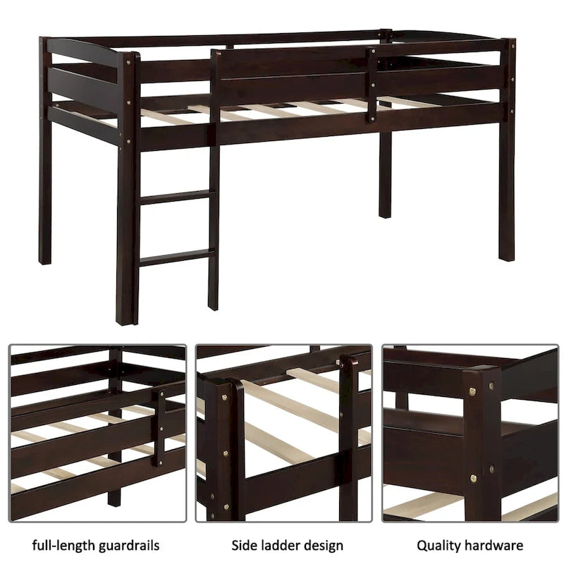 Twin Size Low Loft Bed with Ladder Solid Wood Frame and Guardrails