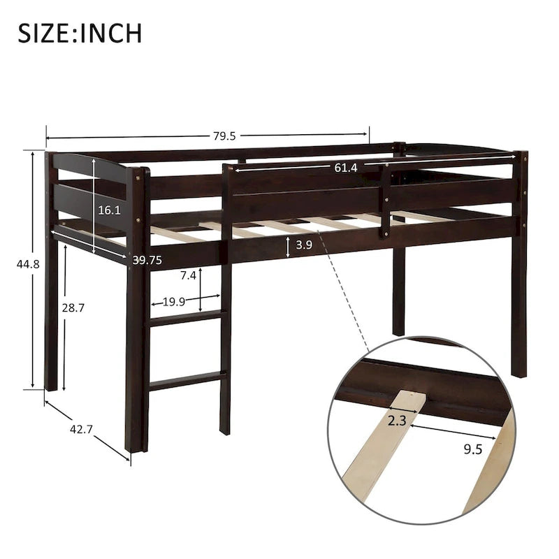 Twin Size Low Loft Bed with Ladder Solid Wood Frame and Guardrails
