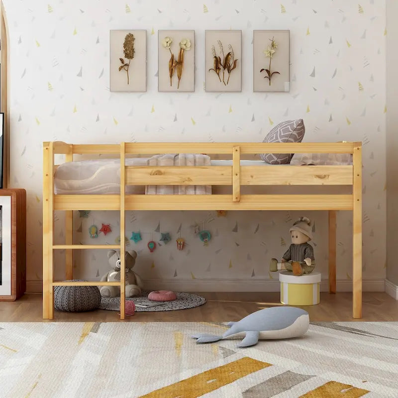 Twin Size Low Loft Bed with Ladder Solid Wood Frame and Guardrails