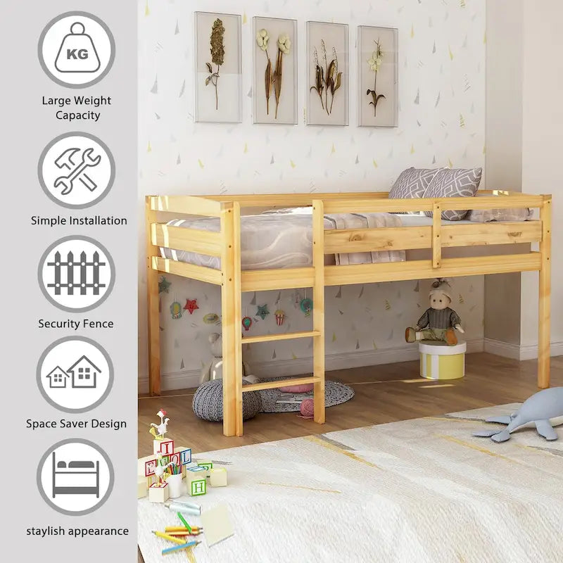 Twin Size Low Loft Bed with Ladder Solid Wood Frame and Guardrails