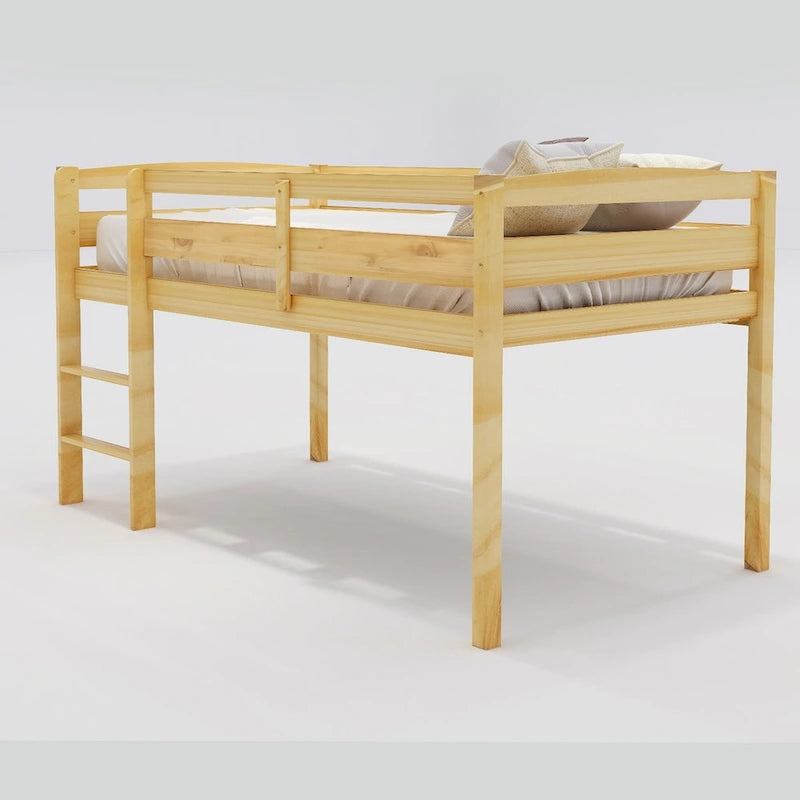 Twin Size Low Loft Bed with Ladder Solid Wood Frame and Guardrails