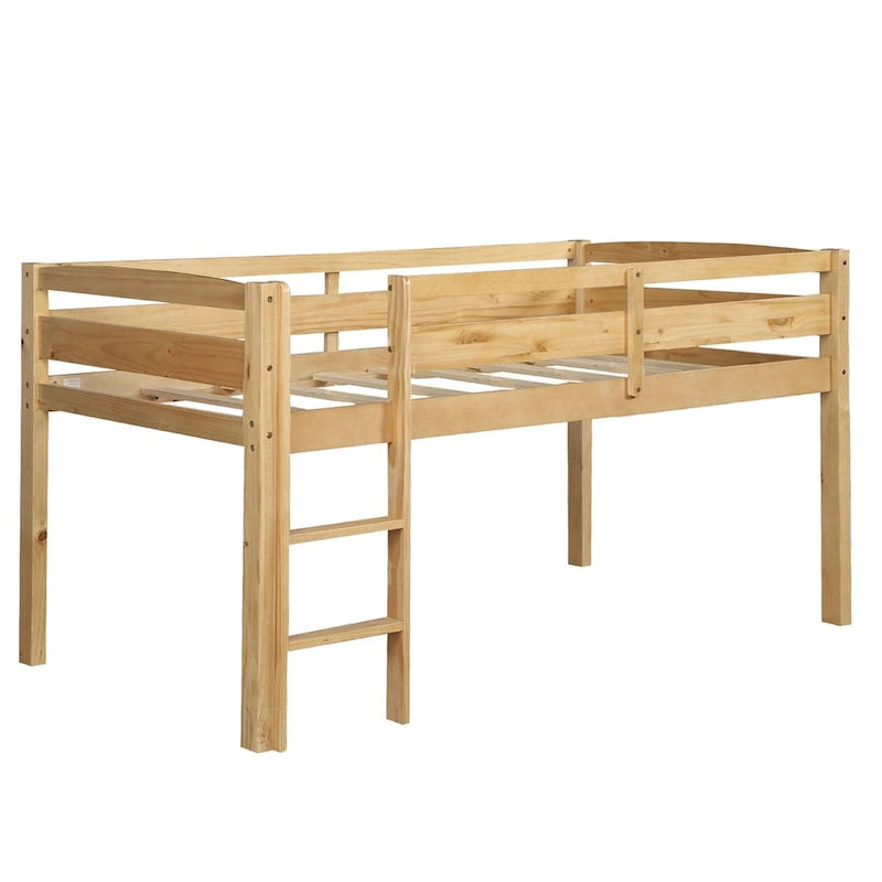 Twin Size Low Loft Bed with Ladder Solid Wood Frame and Guardrails