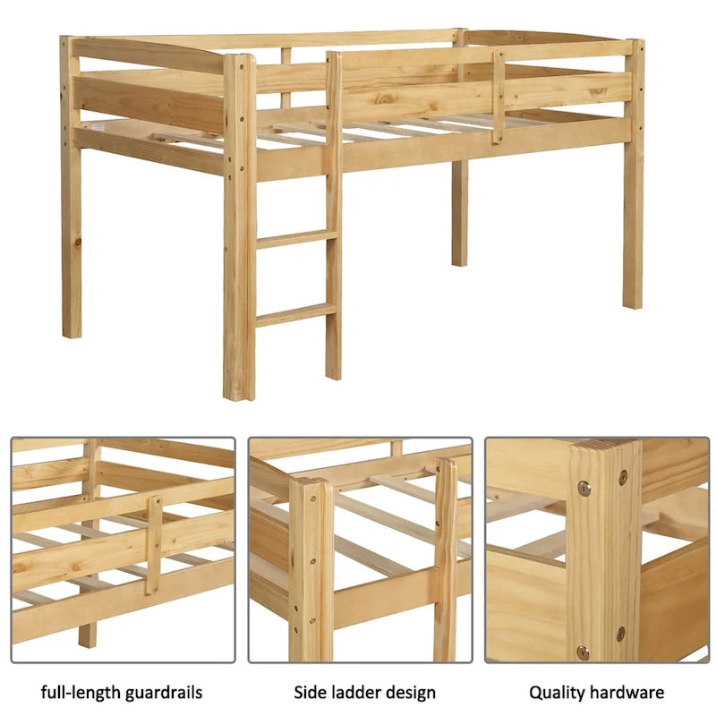 Twin Size Low Loft Bed with Ladder Solid Wood Frame and Guardrails