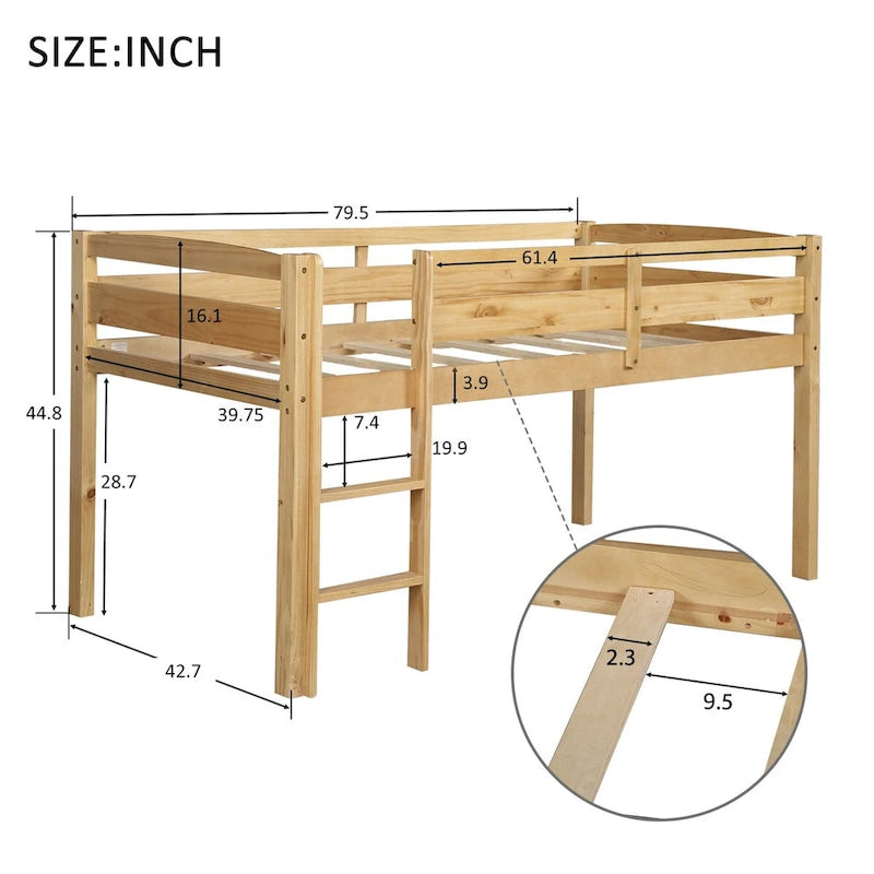 Twin Size Low Loft Bed with Ladder Solid Wood Frame and Guardrails