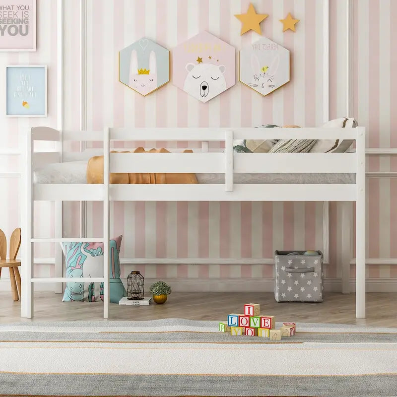 Twin Size Low Loft Bed with Ladder Solid Wood Frame and Guardrails