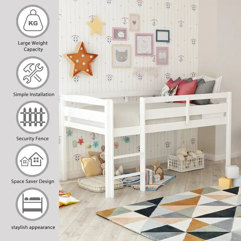 Twin Size Low Loft Bed with Ladder Solid Wood Frame and Guardrails