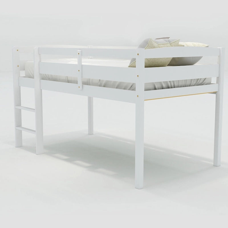 Twin Size Low Loft Bed with Ladder Solid Wood Frame and Guardrails