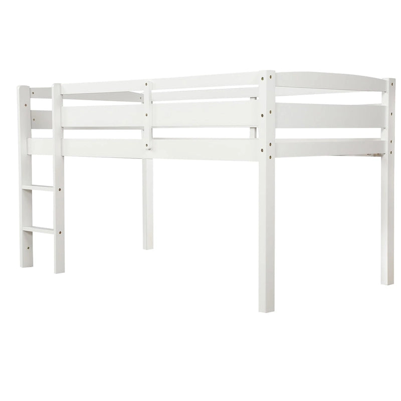 Twin Size Low Loft Bed with Ladder Solid Wood Frame and Guardrails