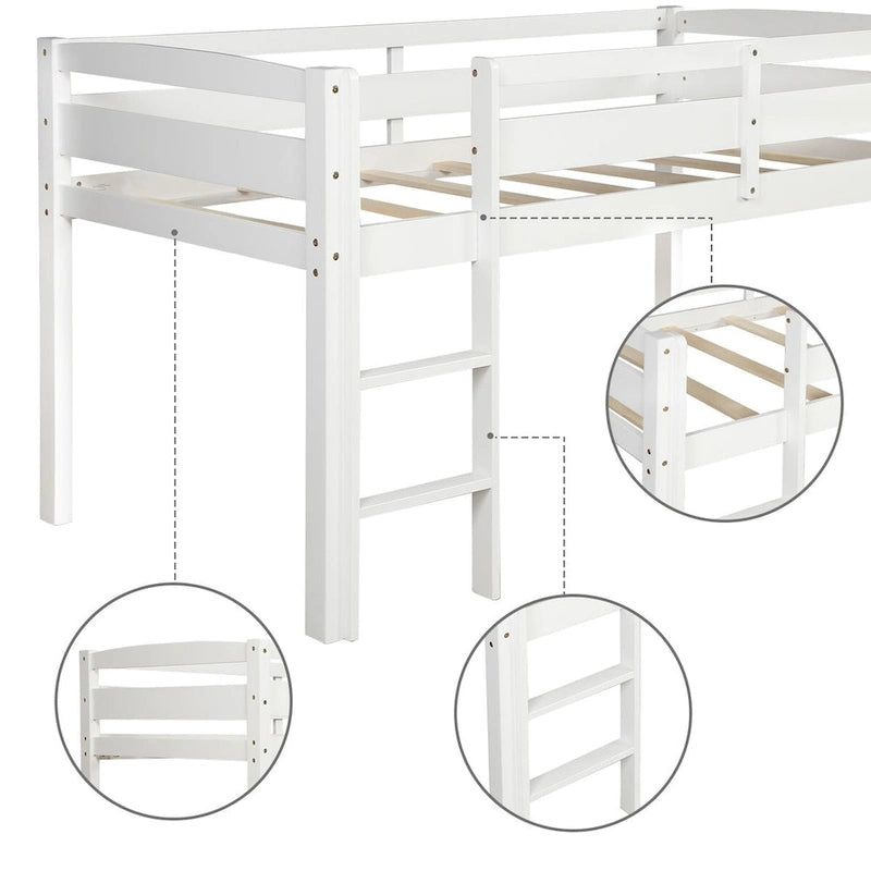 Twin Size Low Loft Bed with Ladder Solid Wood Frame and Guardrails