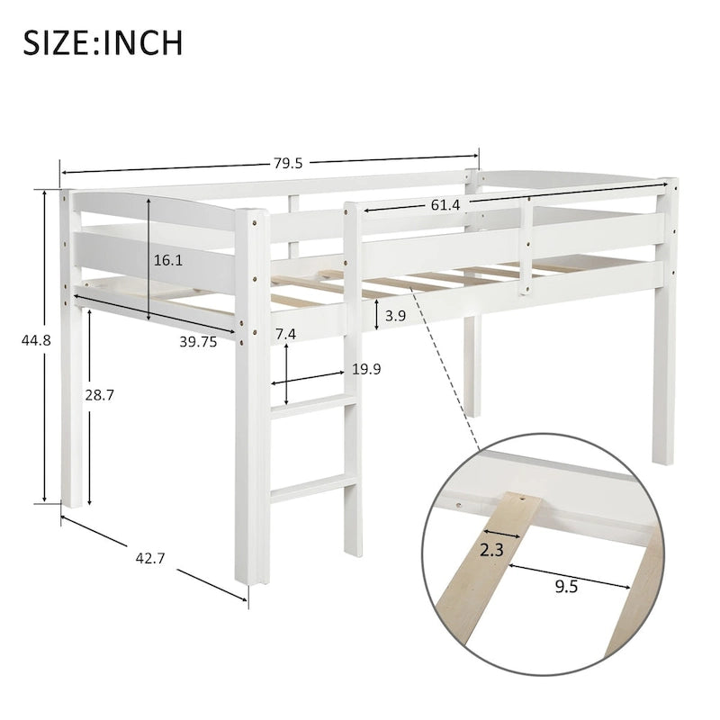 Twin Size Low Loft Bed with Ladder Solid Wood Frame and Guardrails