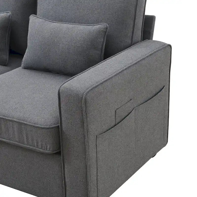104 4-Seater Modern Linen Fabric Sofa with Armrest Pockets and 4 Pillows
