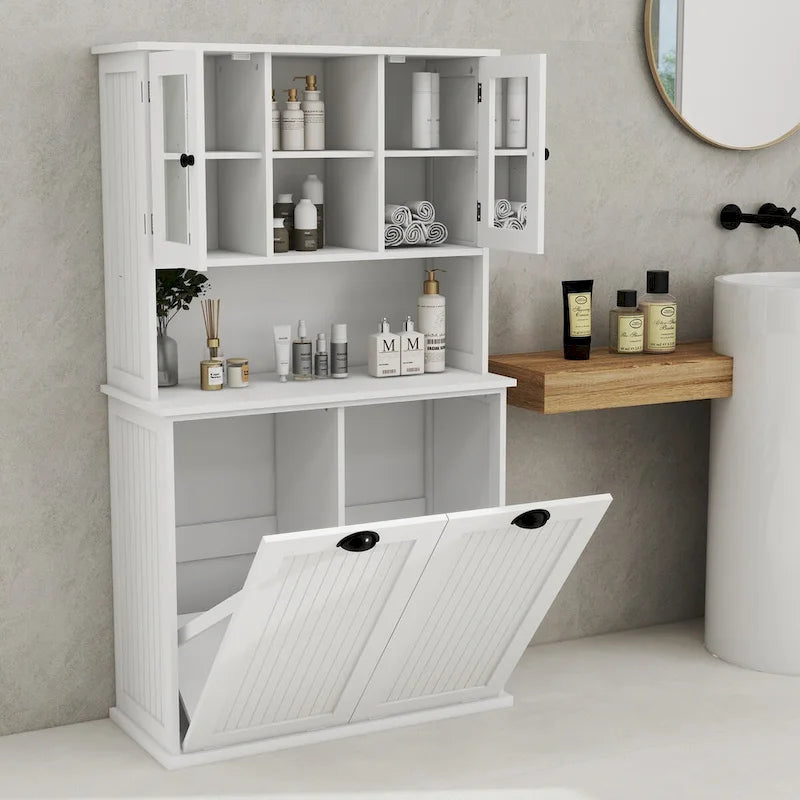 White Tall Bathroom Storage Cabinet with Two Laundry Compartments and Adjustable Shelves