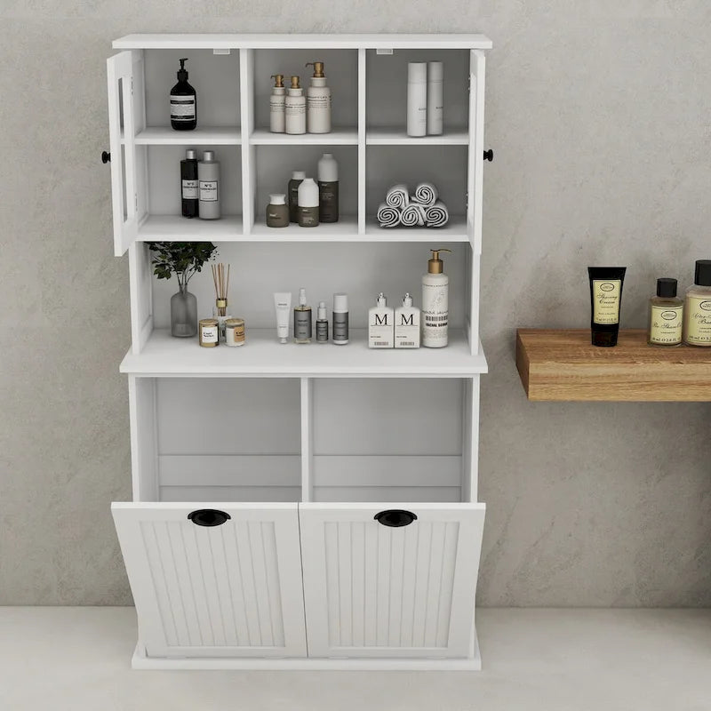 White Tall Bathroom Storage Cabinet with Two Laundry Compartments and Adjustable Shelves