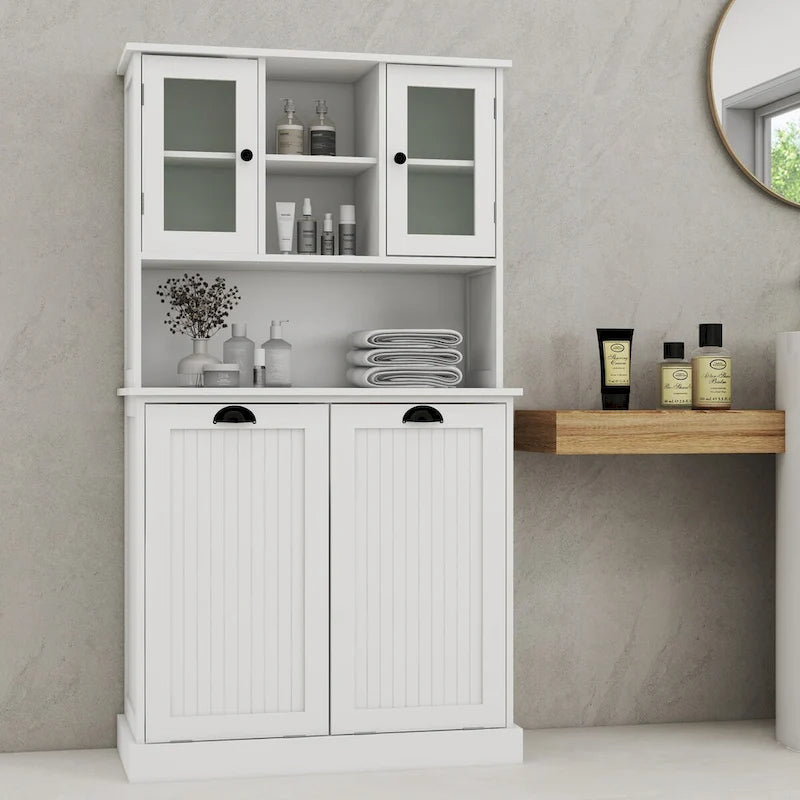 White Tall Bathroom Storage Cabinet with Two Laundry Compartments and Adjustable Shelves