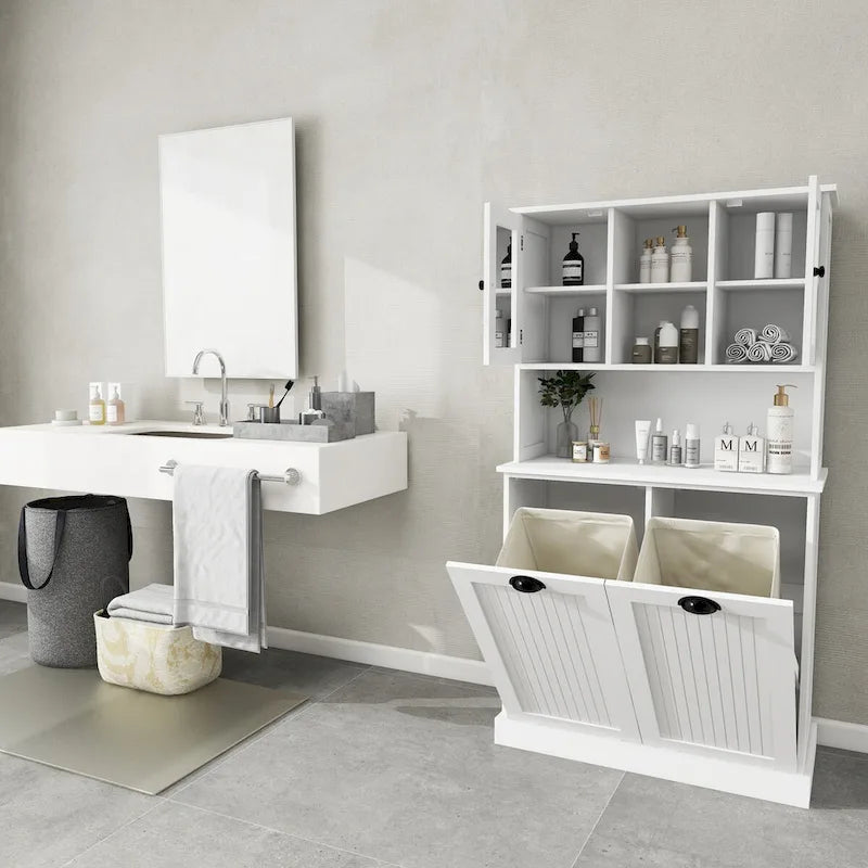 White Tall Bathroom Storage Cabinet with Two Laundry Compartments and Adjustable Shelves