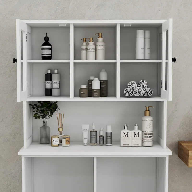 White Tall Bathroom Storage Cabinet with Two Laundry Compartments and Adjustable Shelves