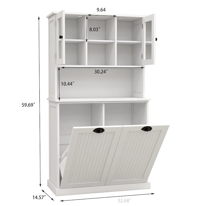 White Tall Bathroom Storage Cabinet with Two Laundry Compartments and Adjustable Shelves