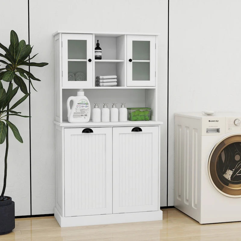 White Tall Bathroom Storage Cabinet with Two Laundry Compartments and Adjustable Shelves