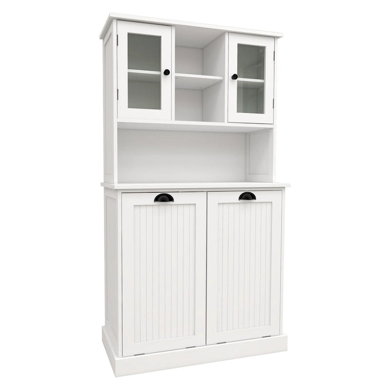 White Tall Bathroom Storage Cabinet with Two Laundry Compartments and Adjustable Shelves